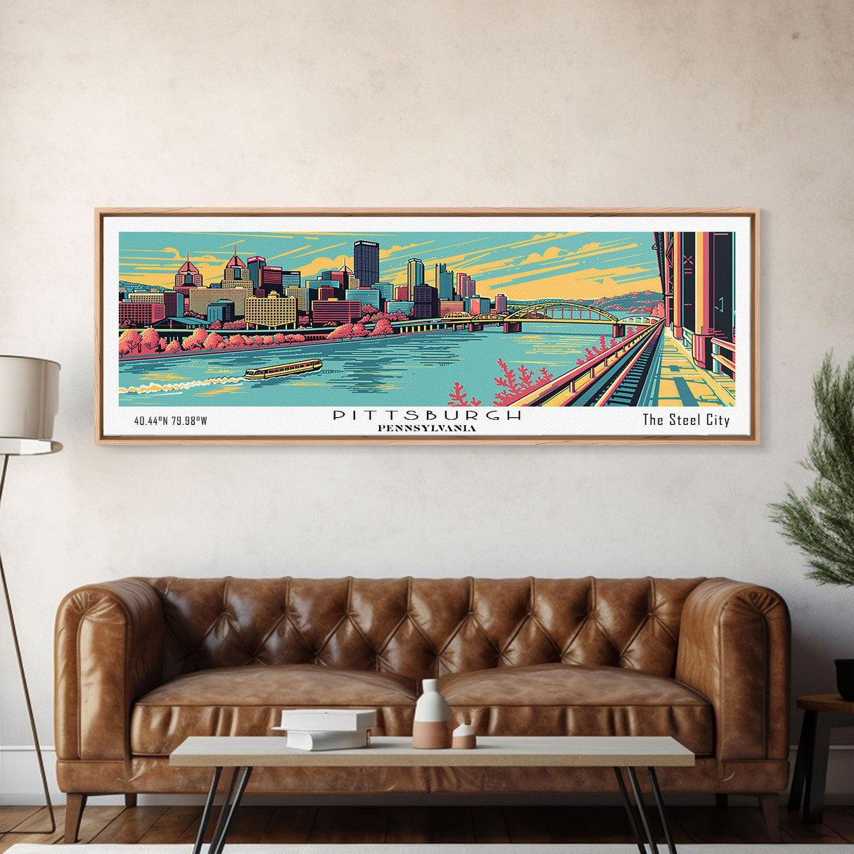 Pittsburgh Pennsylvania Panoramic Painting Framed Canvas Print, Travel Poster, Mid Century Modern Art, Pop Art Style, Wall Decor, Retro Style Art