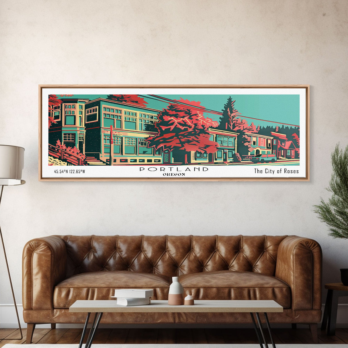 Portland Oregon Panoramic Travel Poster Framed Canvas Print, Mid Century Modern Art, Pop Art Style, Wall Art, Home Decor, Office Wall Art