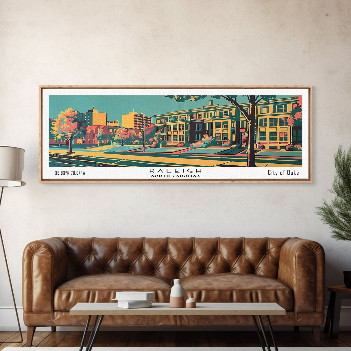 Raleigh North Carolina Panoramic Wall Art Framed Canvas Print, Travel Poster, Mid Century Modern Art, Pop Art Style, Wall Decor, Home Decor