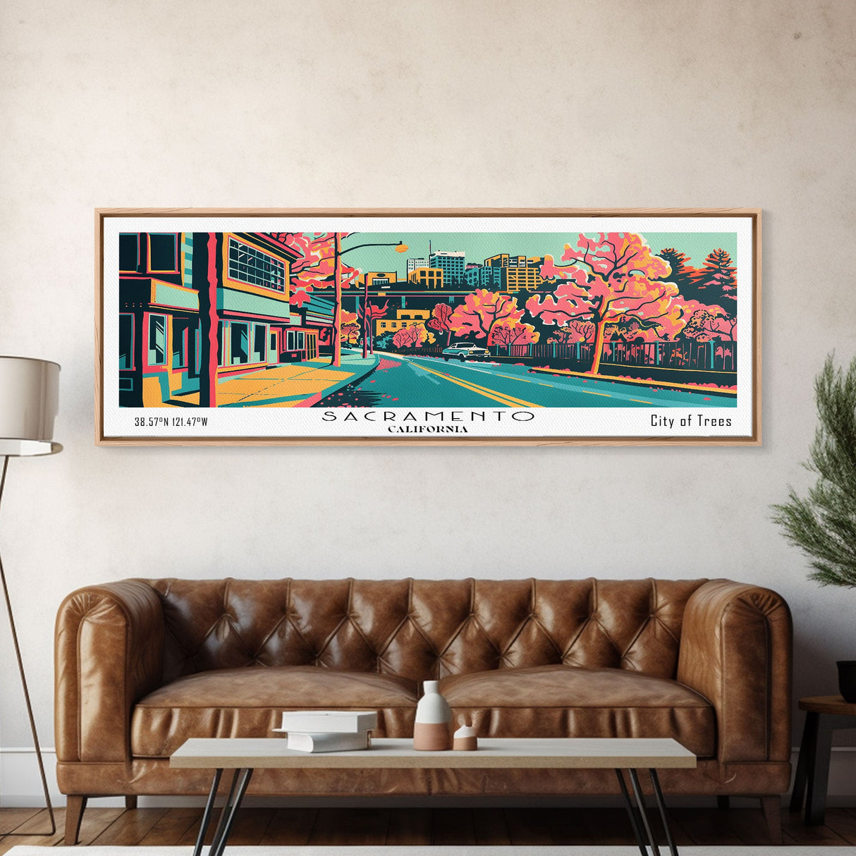 Sacramento California Panoramic Painting Framed Canvas Print, Travel Poster, Mid Century Modern Art, Pop Art Style, Wall Decor, Office Wall Art