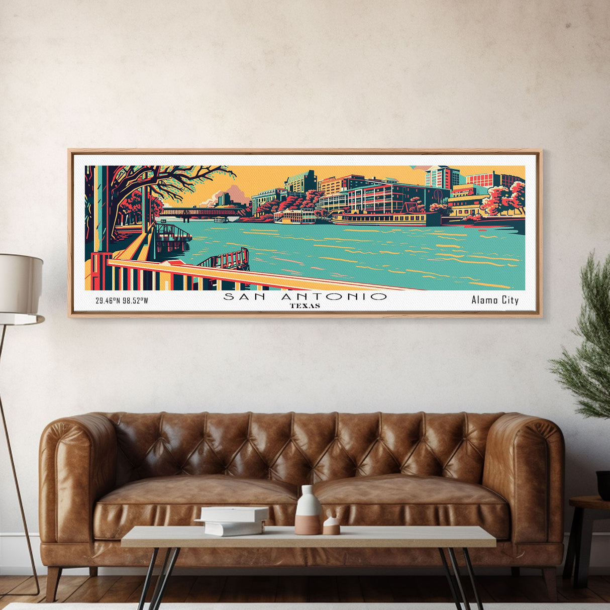 San Antonio Texas Panoramic Wall Art Framed Canvas Print, Travel Poster, Mid Century Modern Art, Pop Art Style, Home Decor, Office Art