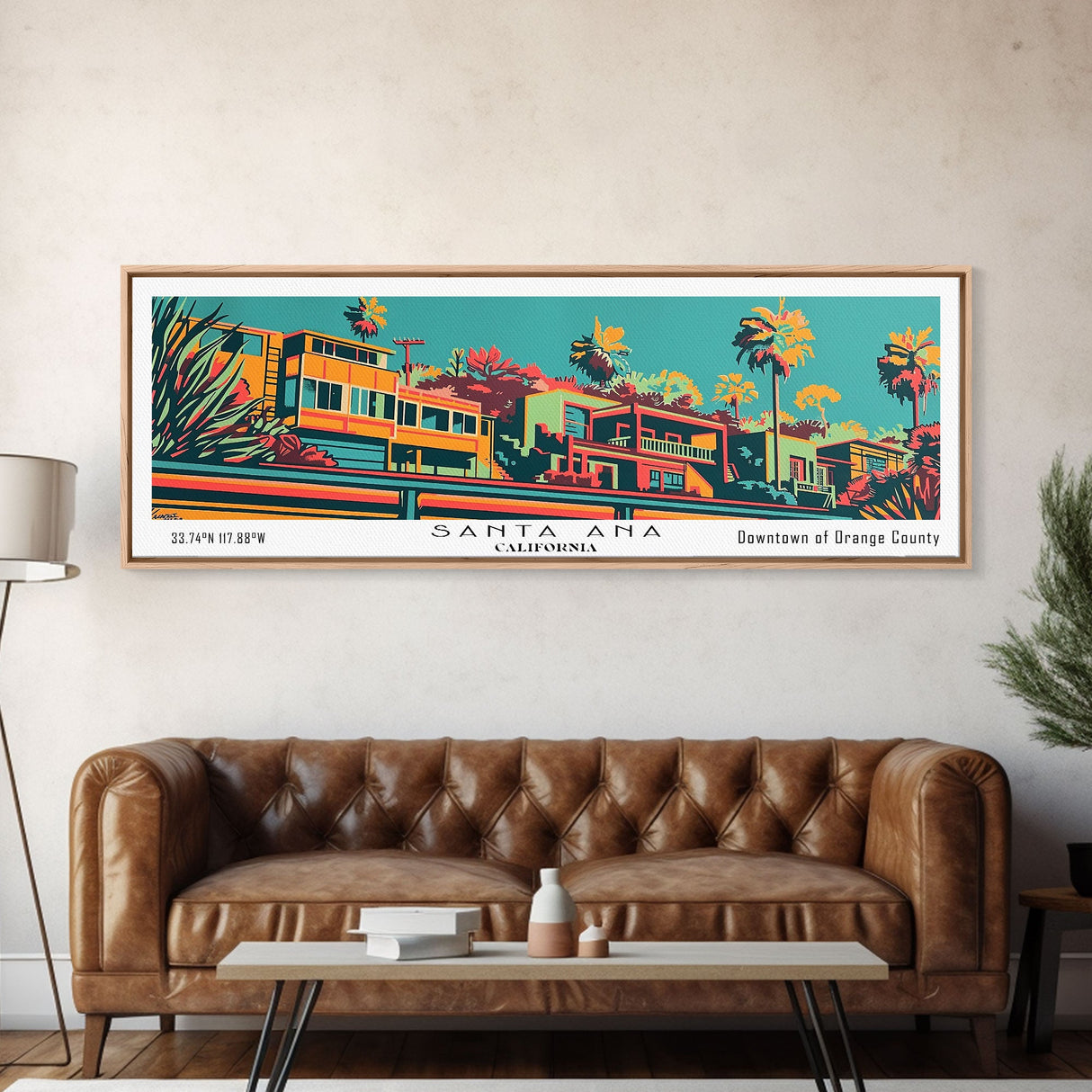 Santa Ana California Panoramic Wall Art Framed Canvas Print, Travel Poster, Mid Century Modern Art, Pop Art Style, Wall Decor, Office Wall Art