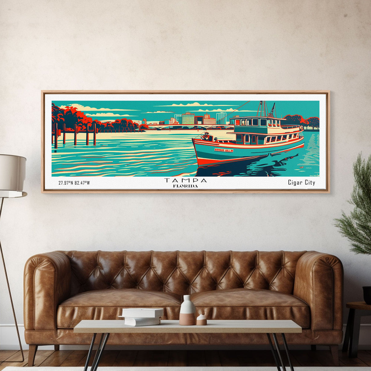 Tampa Florida Panoramic Travel Poster Framed Canvas Print, Mid Century Modern Art, Pop Art Style, Wall Art, Living Room Decor, Home Decor