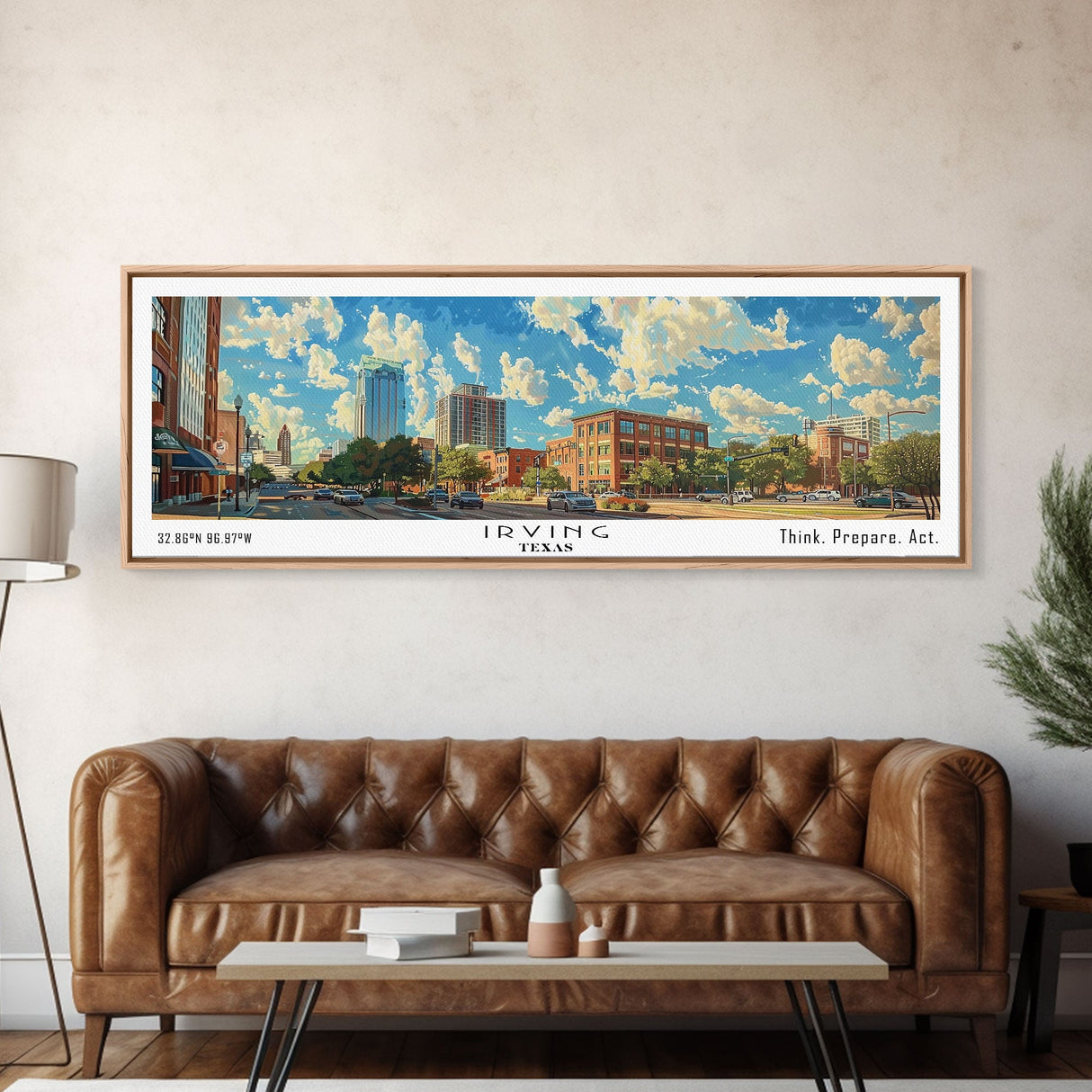 Irving Texas Panoramic Wall Art, Watercolor Framed Canvas Print, Urban Cityscape for Living Room, Travel Poster, Home Decoration