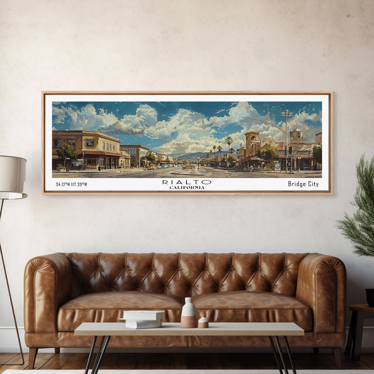 Rialto California Panoramic Print, Modern Framed Canvas Print, Travel Poster Art, Home Decoration, Wall Art, Office Decor