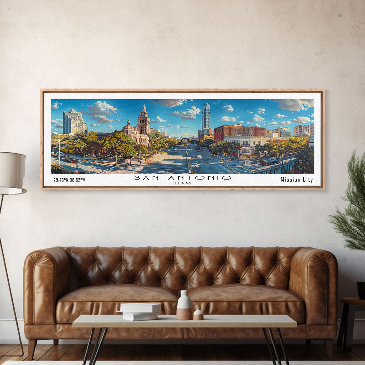 San Antonio Texas Panoramic Print, Trendy Framed Canvas Print, Travel Poster Art, Living Room Decor, Home Wall Art