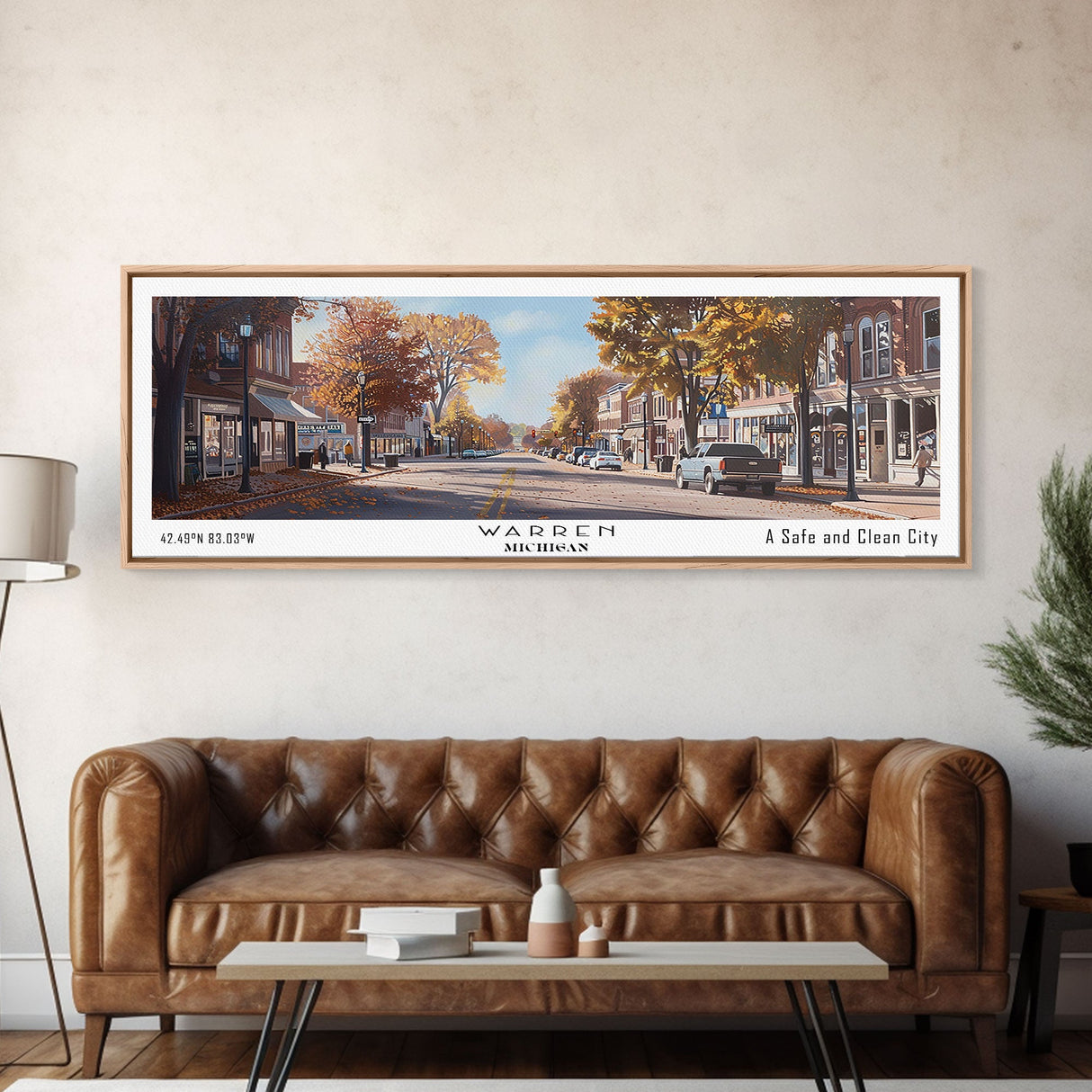 Warren Michigan Panoramic Painting, Framed Canvas Print, Retro Travel Poster, Artistic Wall Art, Unique Living Room Decor, Office Gift