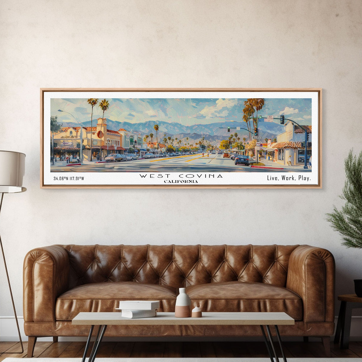 West Covina California Panoramic Framed Canvas Print, Retro Travel Poster, Unique Wall Art, Artistic Living Room Decor, Office Gift, Original Artwork