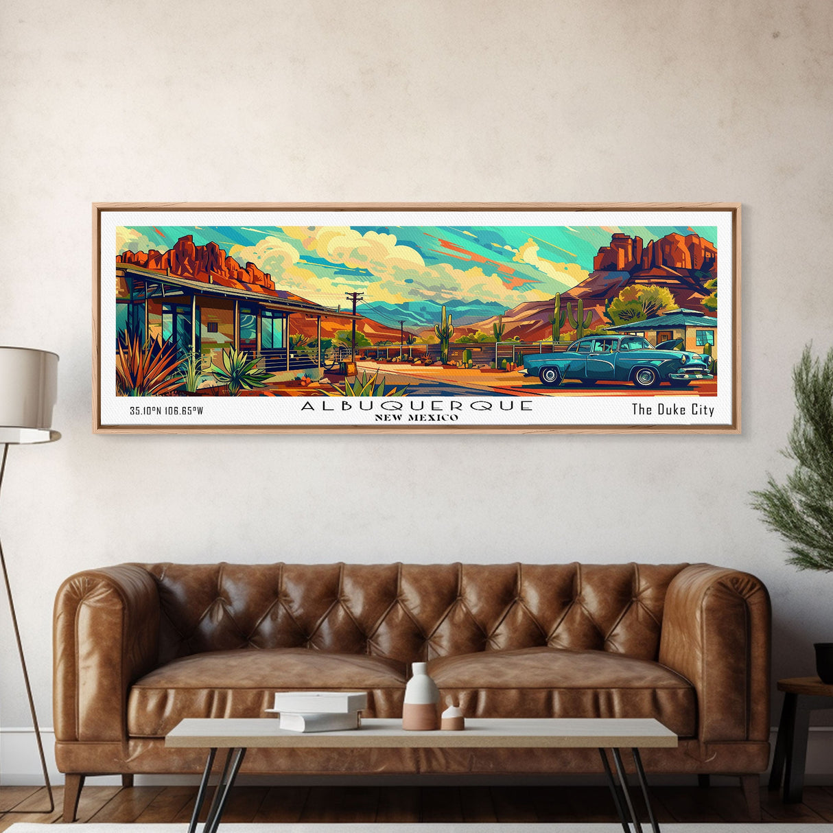 Albuquerque New Mexico Panoramic Painting Framed Canvas Print, Mid Century Modern Art, Pop Art Style, Travel Poster, Wall Art Decor