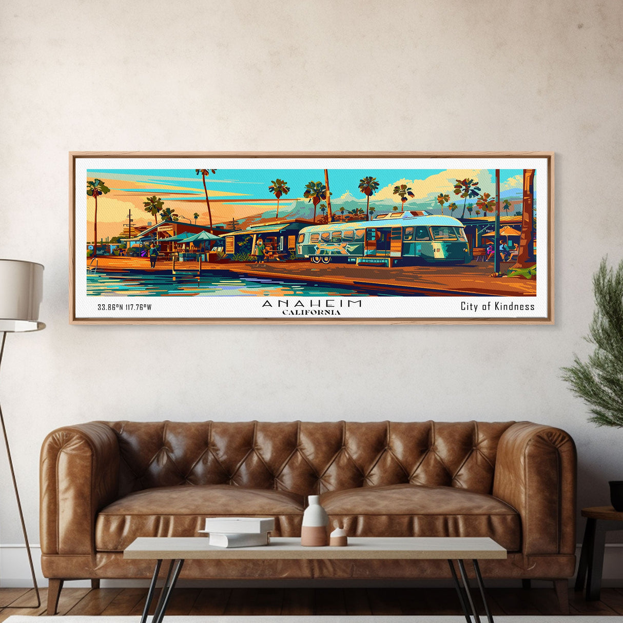 Anaheim California Panoramic Wall Art Framed Canvas Print, Mid Century Modern Art, Pop Art Style, Travel Poster, Home Decor, Retro Style