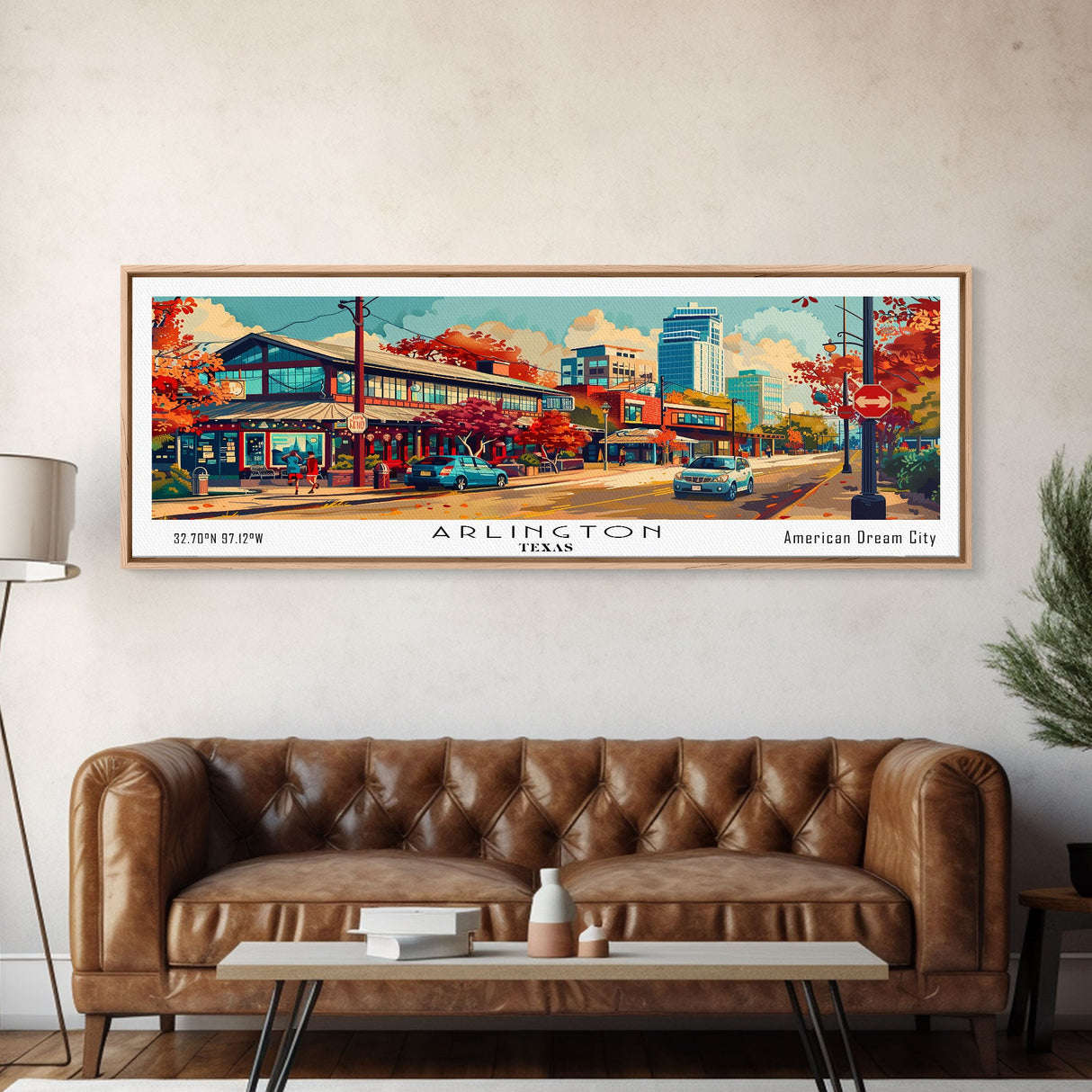 Arlington Texas Panoramic Painting Framed Canvas Print, Mid Century Modern Art, Pop Art Style, Travel Poster, Living Room Decor