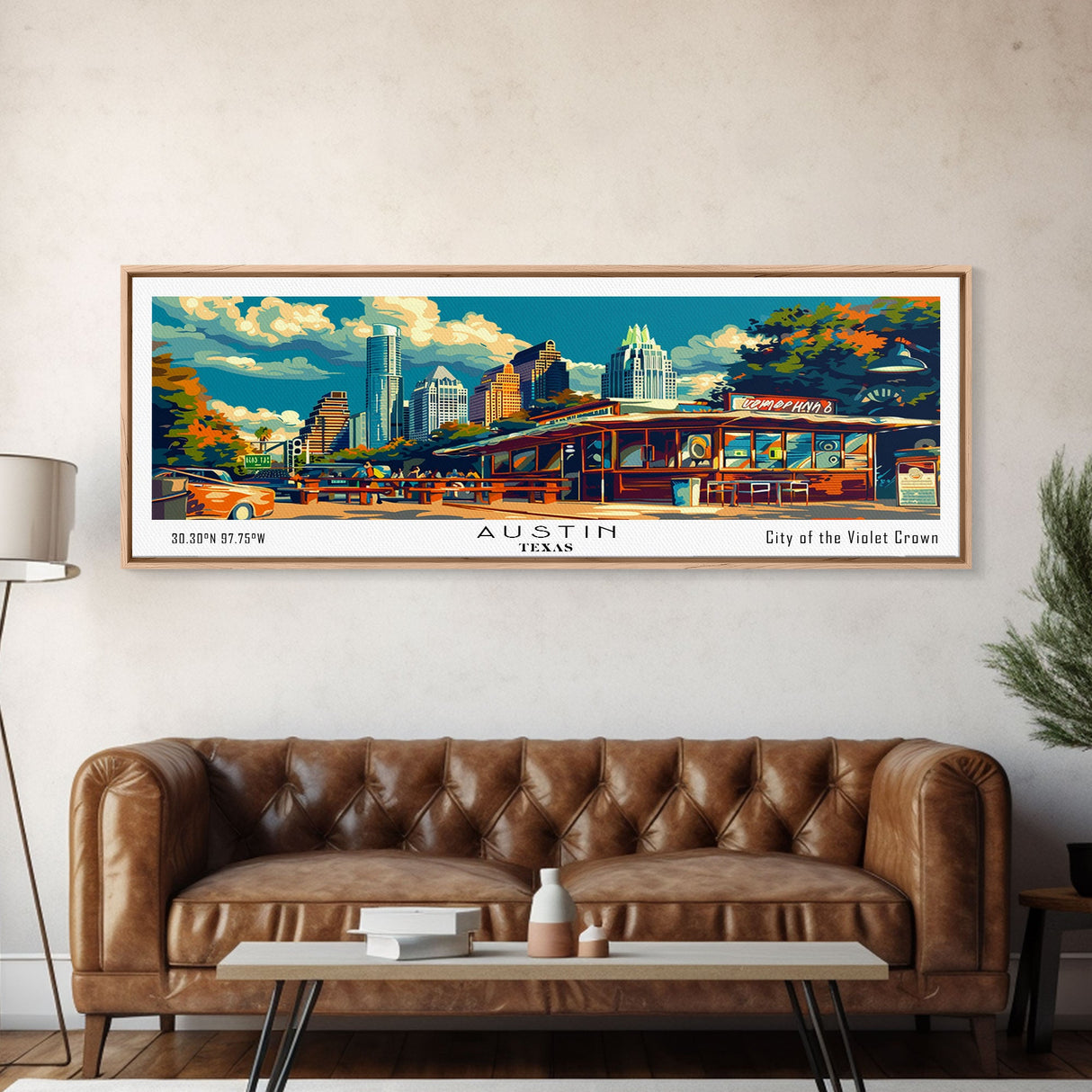 Austin Texas Panoramic Travel Poster Framed Canvas Print, Mid Century Modern Art, Pop Art Style, Wall Art Decor, Home Decoration