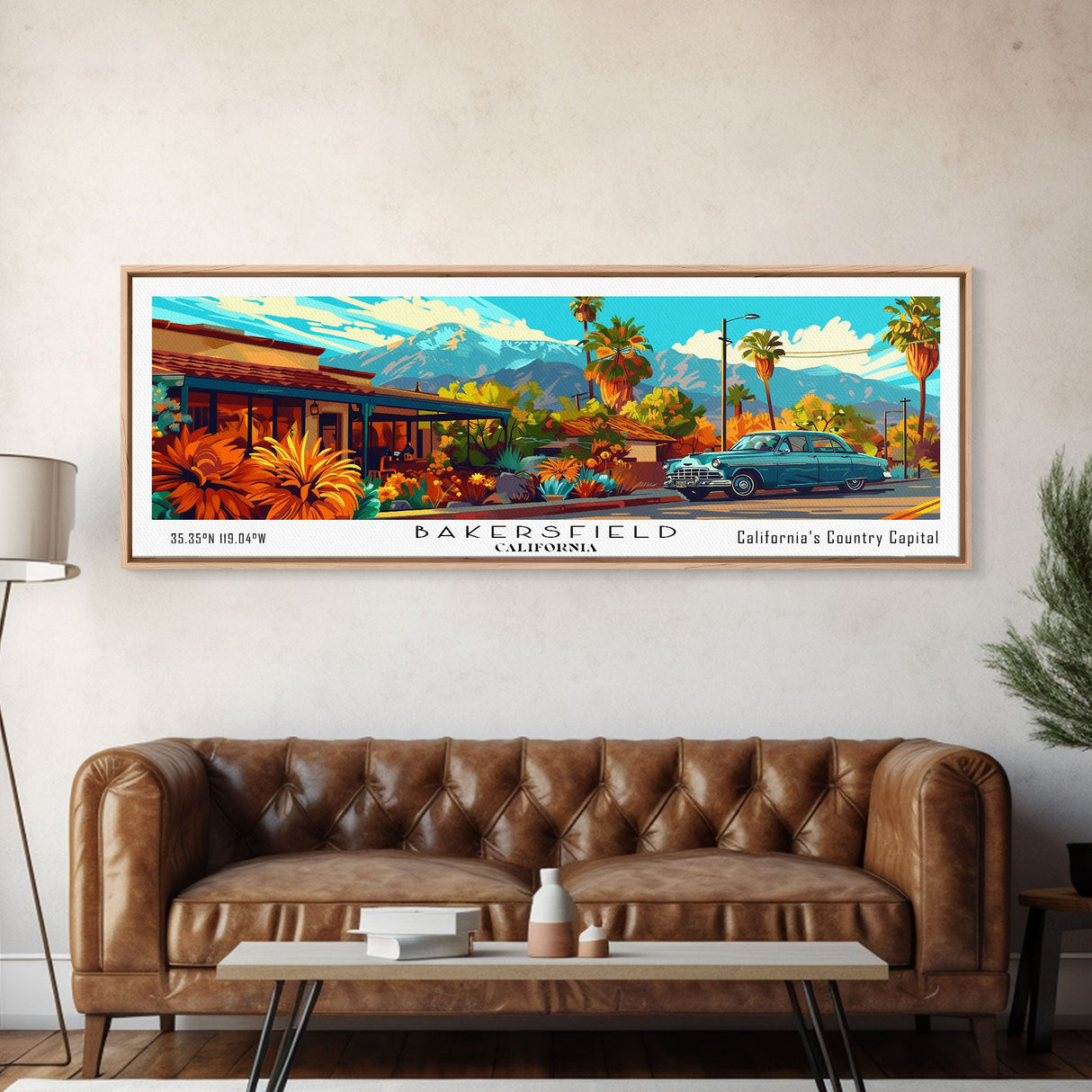 Bakersfield California Panoramic Painting Framed Canvas Print, Mid Century Modern Art, Pop Art Style, Travel Poster, Living Room Decor