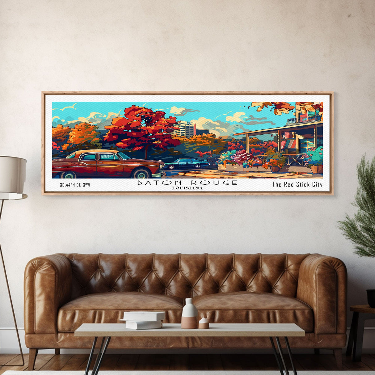 Baton Rouge Louisiana Panoramic Painting Framed Canvas Print, Mid Century Modern Art, Pop Art Style, Travel Poster, Wall Art Decor