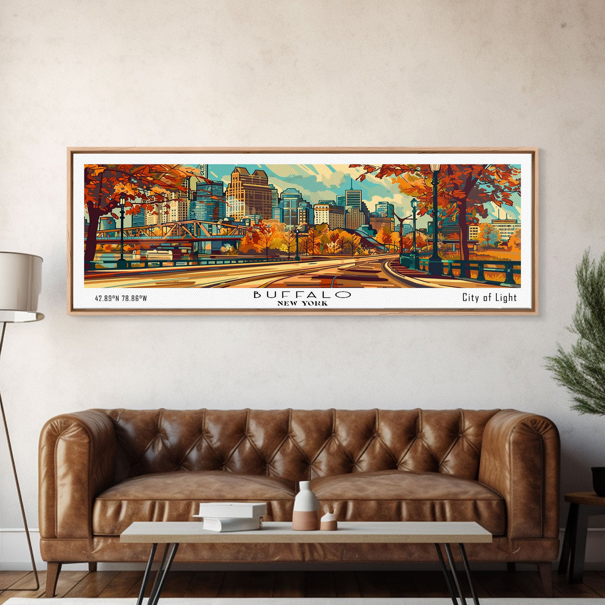 Buffalo New York Panoramic Painting Framed Canvas Print, Mid Century Modern Art, Pop Art Style, Travel Poster, Living Room Decor