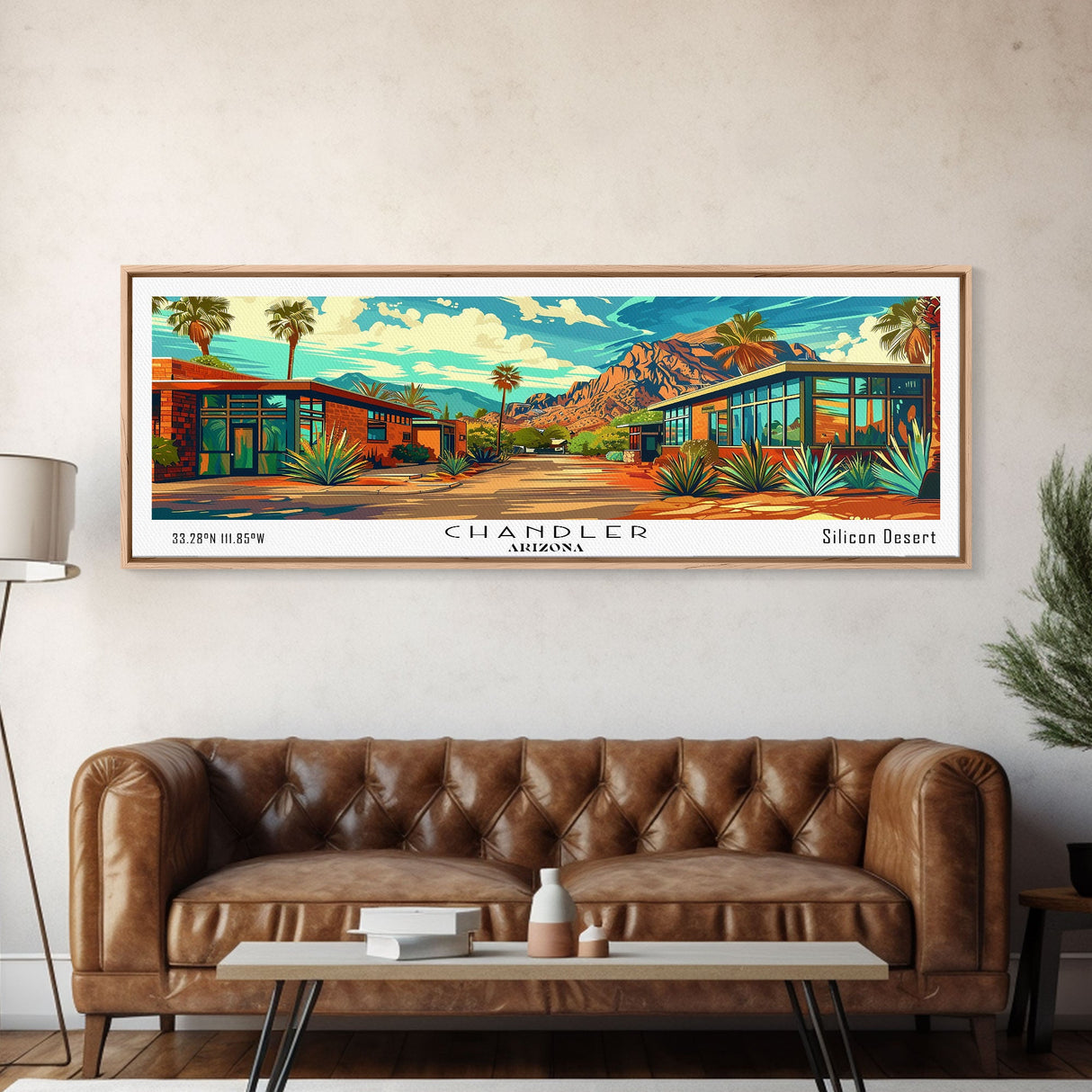 Chandler Arizona Panoramic Wall Art Framed Canvas Print, Mid Century Modern Art, Pop Art Style, Travel Poster, Home Decor, Retro Style