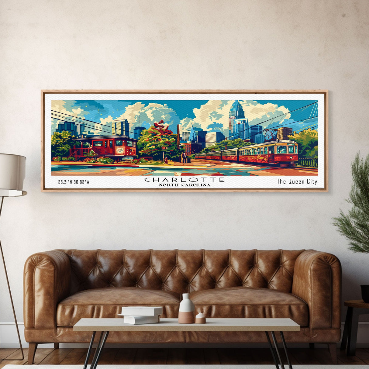 Charlotte North Carolina Panoramic Painting Framed Canvas Print, Mid Century Modern Art, Pop Art Style, Travel Poster, Wall Art Decor