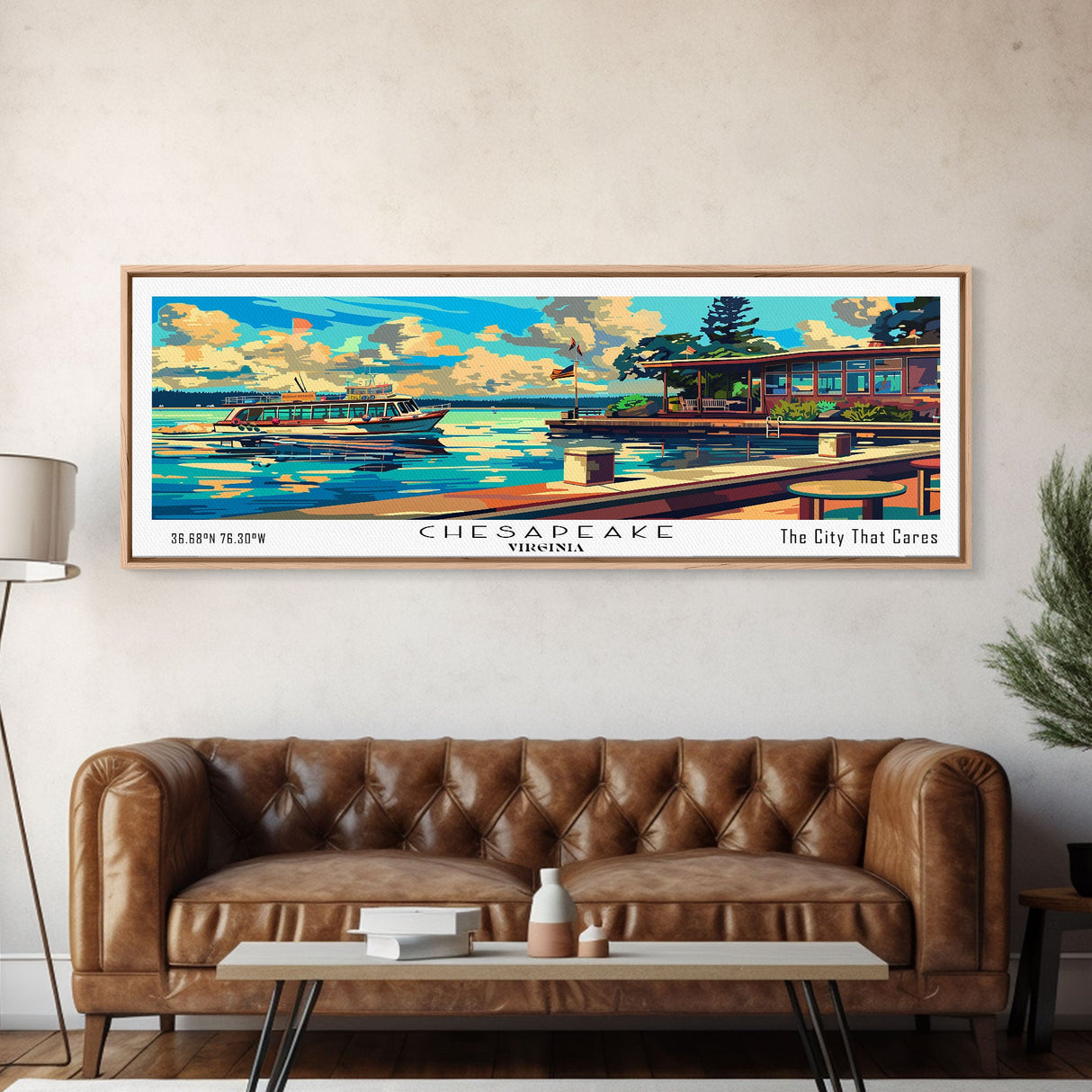 Chesapeake Virginia Panoramic Travel Poster Framed Canvas Print, Mid Century Modern Art, Pop Art Style, Wall Art Decor, Home Decoration