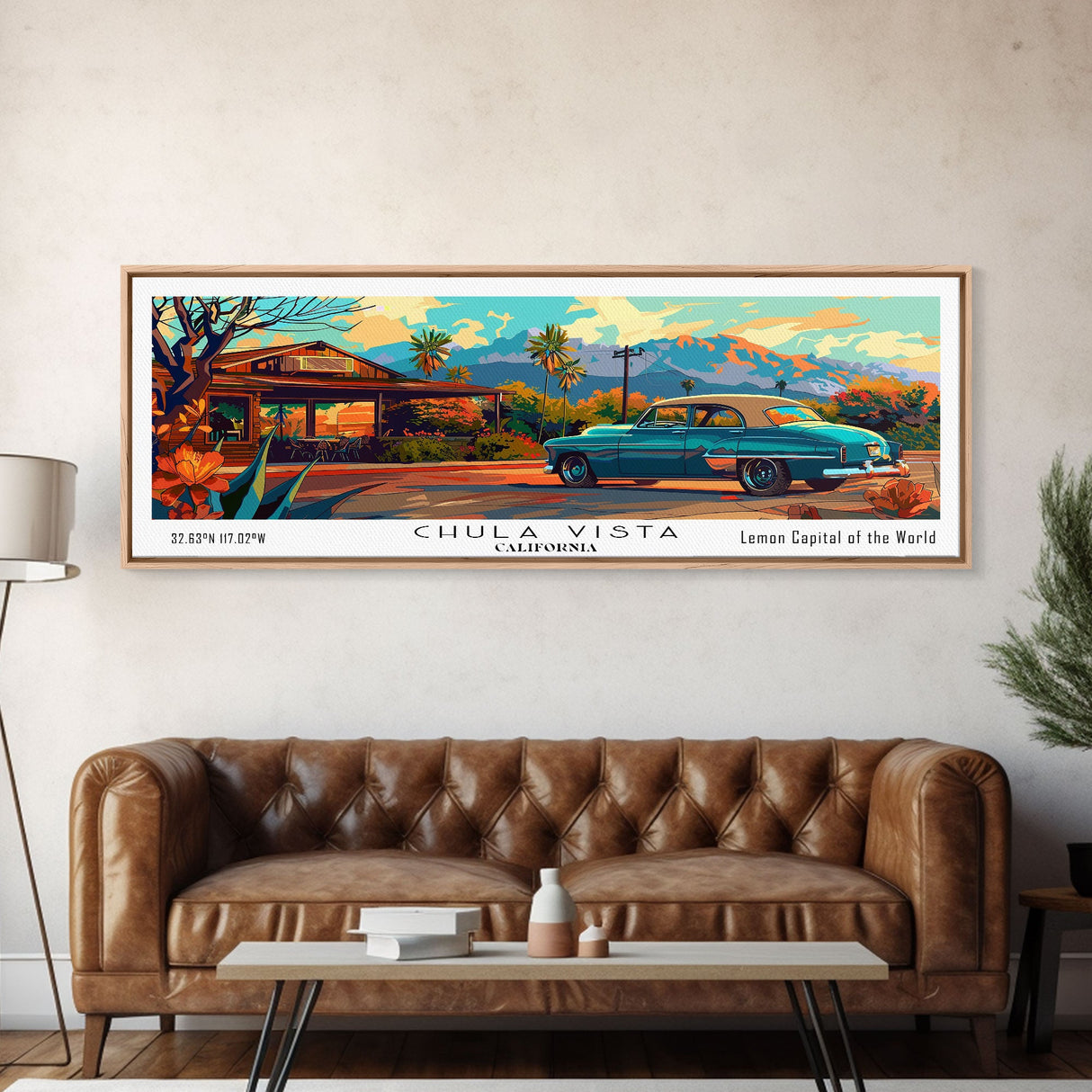 Chula Vista California Panoramic Wall Art Framed Canvas Print, Mid Century Modern Art, Pop Art Style, Travel Poster, Home Decor, Retro Style