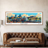 Durham North Carolina Panoramic Travel Poster Framed Canvas Print, Mid Century Modern Art, Pop Art Style, Wall Art Decor, Home Decoration