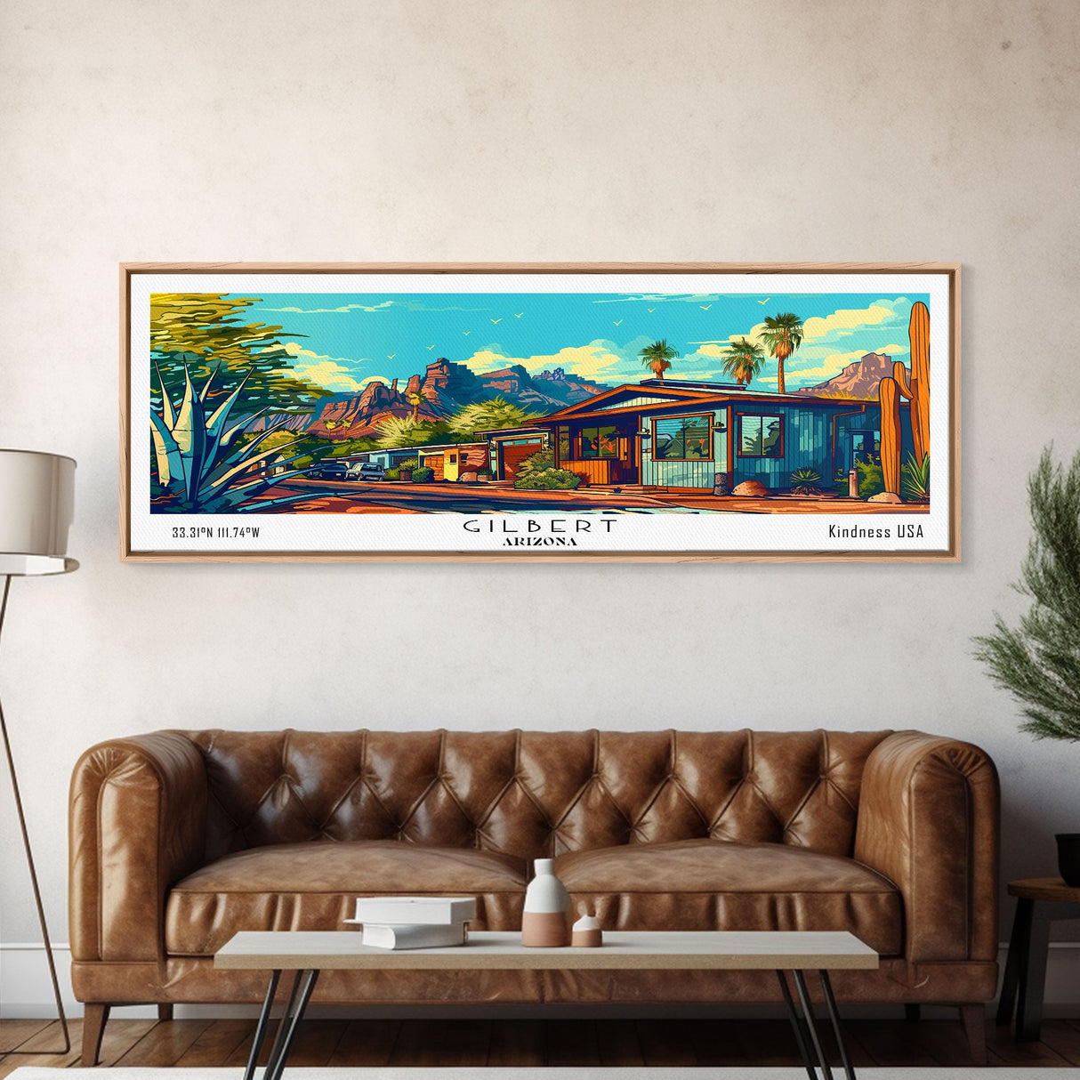 Gilbert Arizona Panoramic Wall Art Framed Canvas Print, Mid Century Modern Art, Pop Art Style, Travel Poster, Home Decor, Retro Style