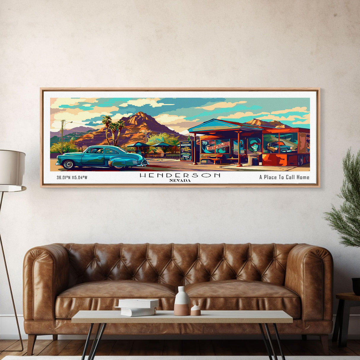 Henderson Nevada Panoramic Painting Framed Canvas Print, Mid Century Modern Art, Pop Art Style, Travel Poster, Living Room Decor