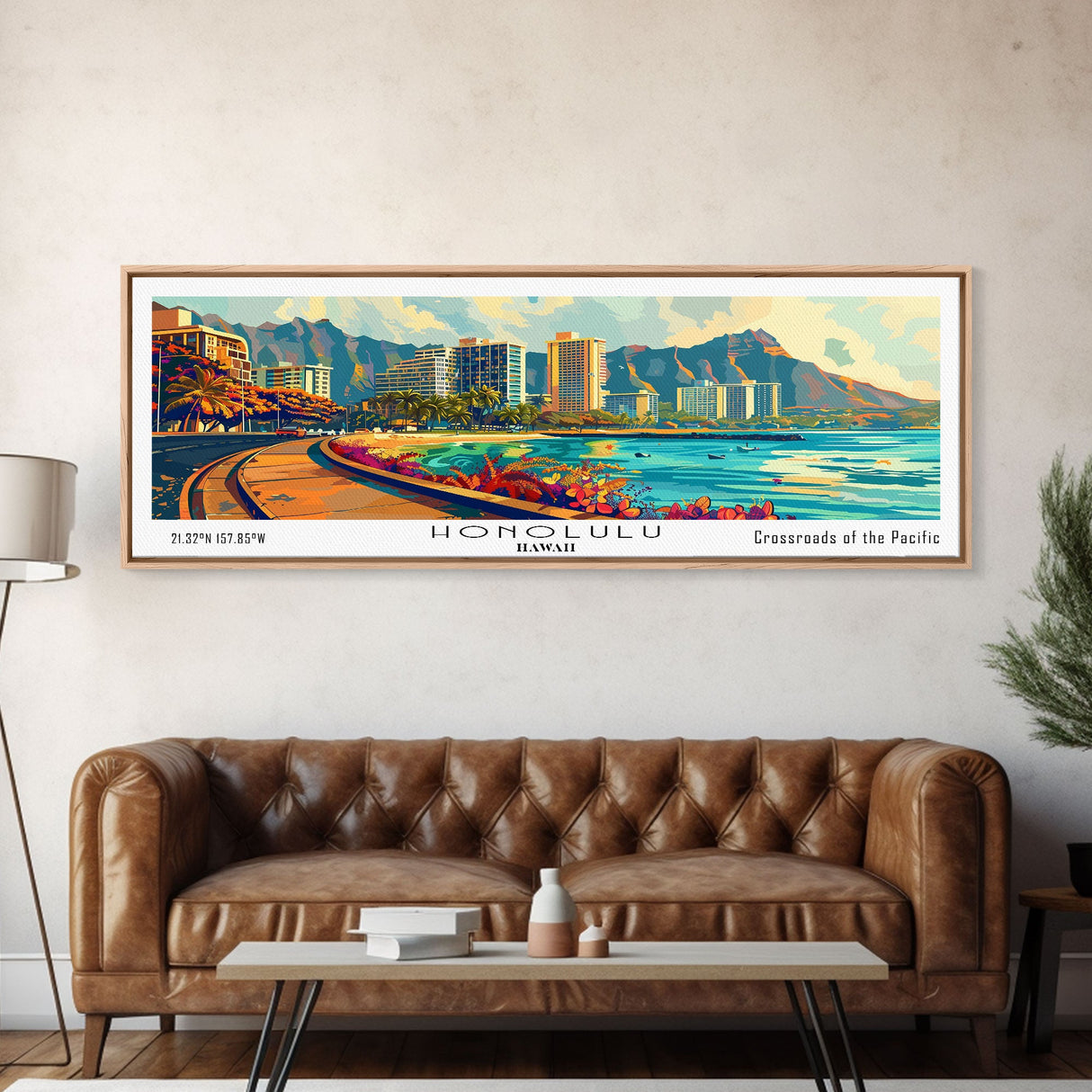 Honolulu Hawaii Panoramic Wall Art Framed Canvas Print, Mid Century Modern Art, Pop Art Style, Travel Poster, Home Decor, Retro Style