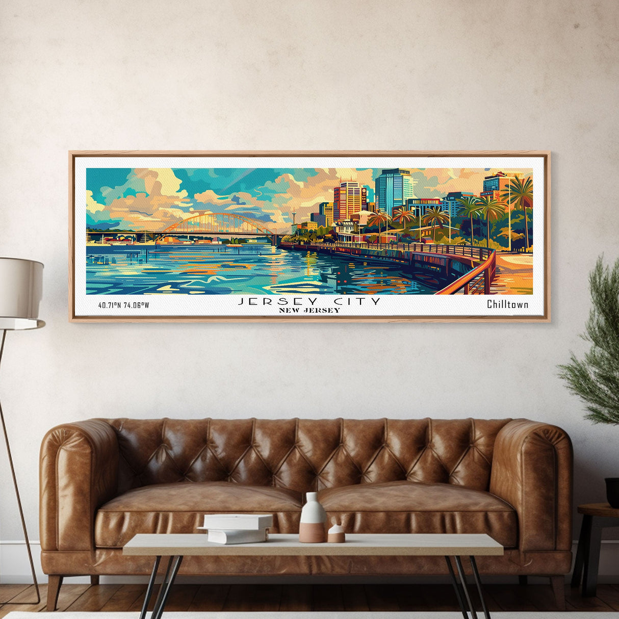 Jersey City New Jersey Panoramic Framed Canvas Print, Retro Style Wall Art, Mid Century Modern Home Decor, Pop Art Travel Poster