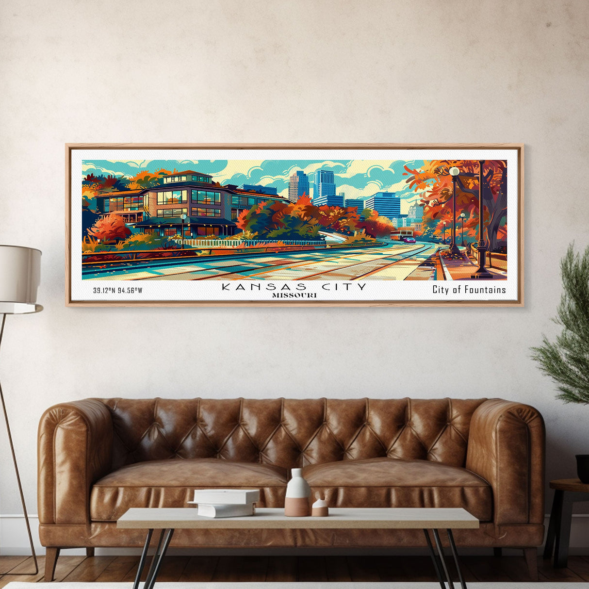 Kansas City Missouri Panoramic Painting, Mid Century Modern Framed Canvas Print, Pop Art Wall Hanging, Retro Travel Poster