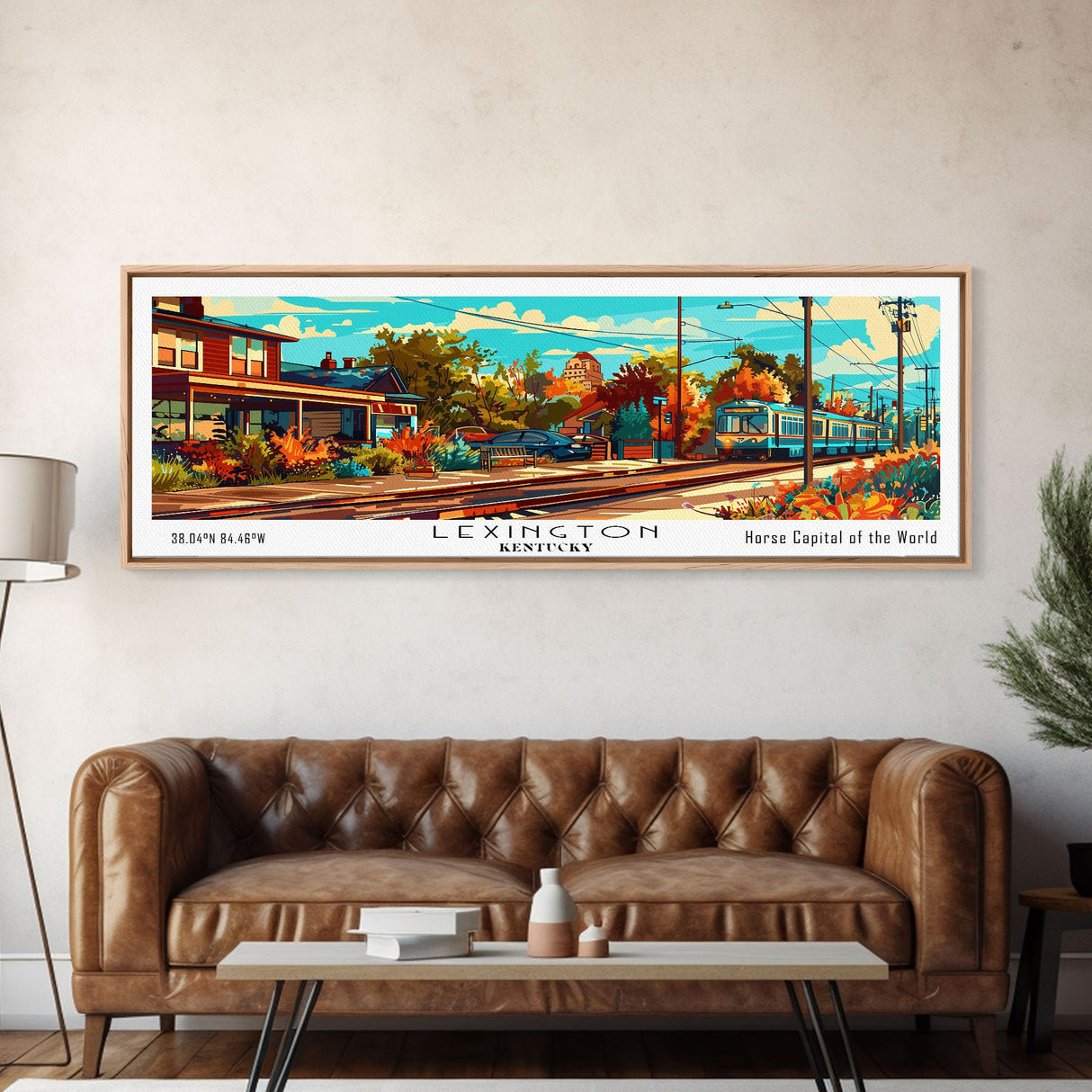 Lexington Kentucky Panoramic Framed Canvas Print, Mid Century Modern Pop Art, Retro Wall Art Decor, Travel Poster Painting