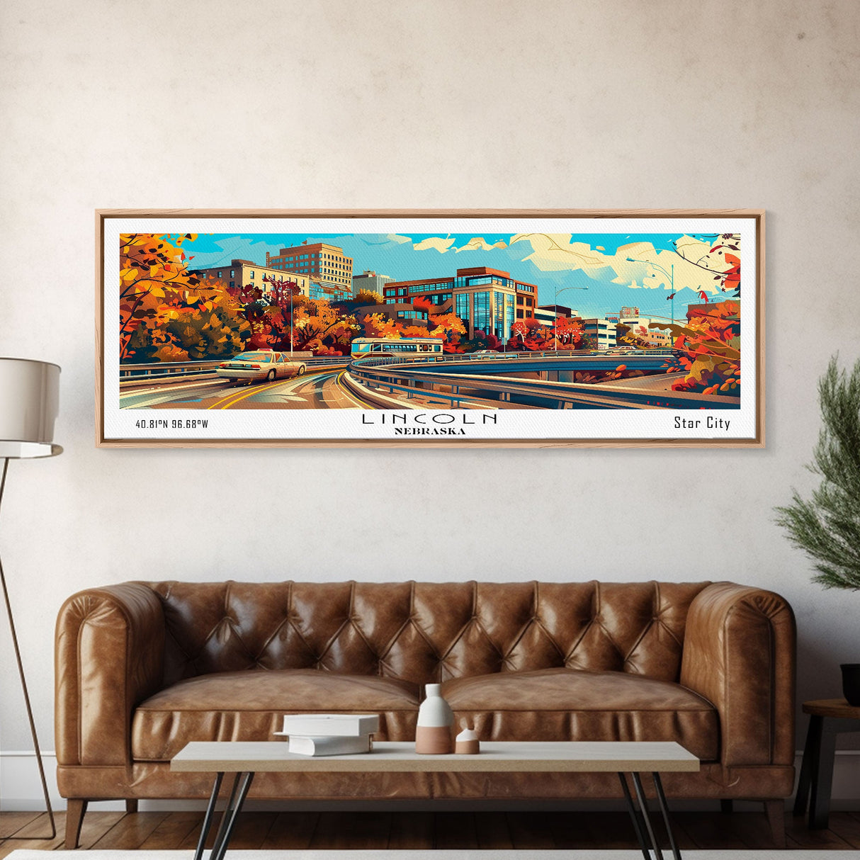 Lincoln Nebraska Panoramic Wall Art, Mid Century Modern Framed Canvas Print, Retro Pop Art Travel Poster, Home Decor