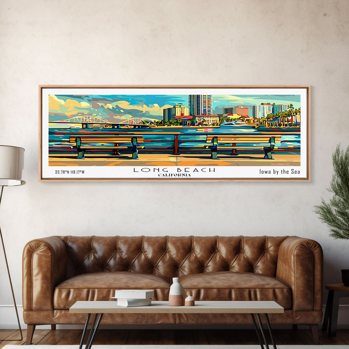 Long Beach California Panoramic Painting, Retro Style Framed Canvas Print, Mid Century Modern Wall Art, Pop Art Travel Poster