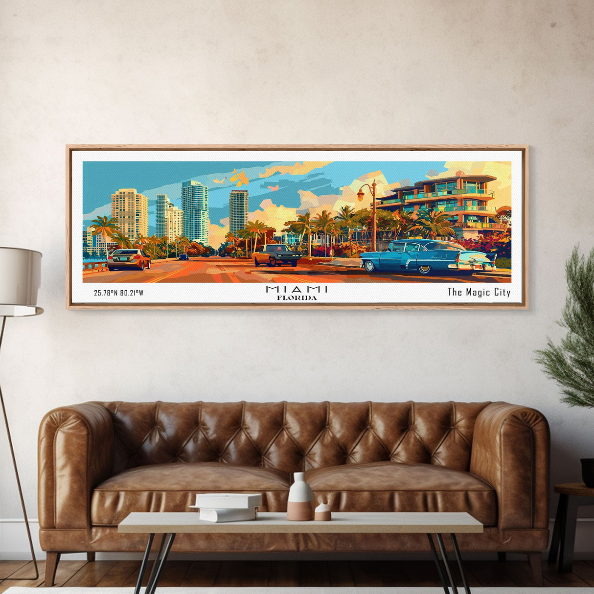 Miami Florida Panoramic Framed Canvas Print, Mid Century Modern Wall Art, Pop Art Home Decor, Retro Style Travel Poster