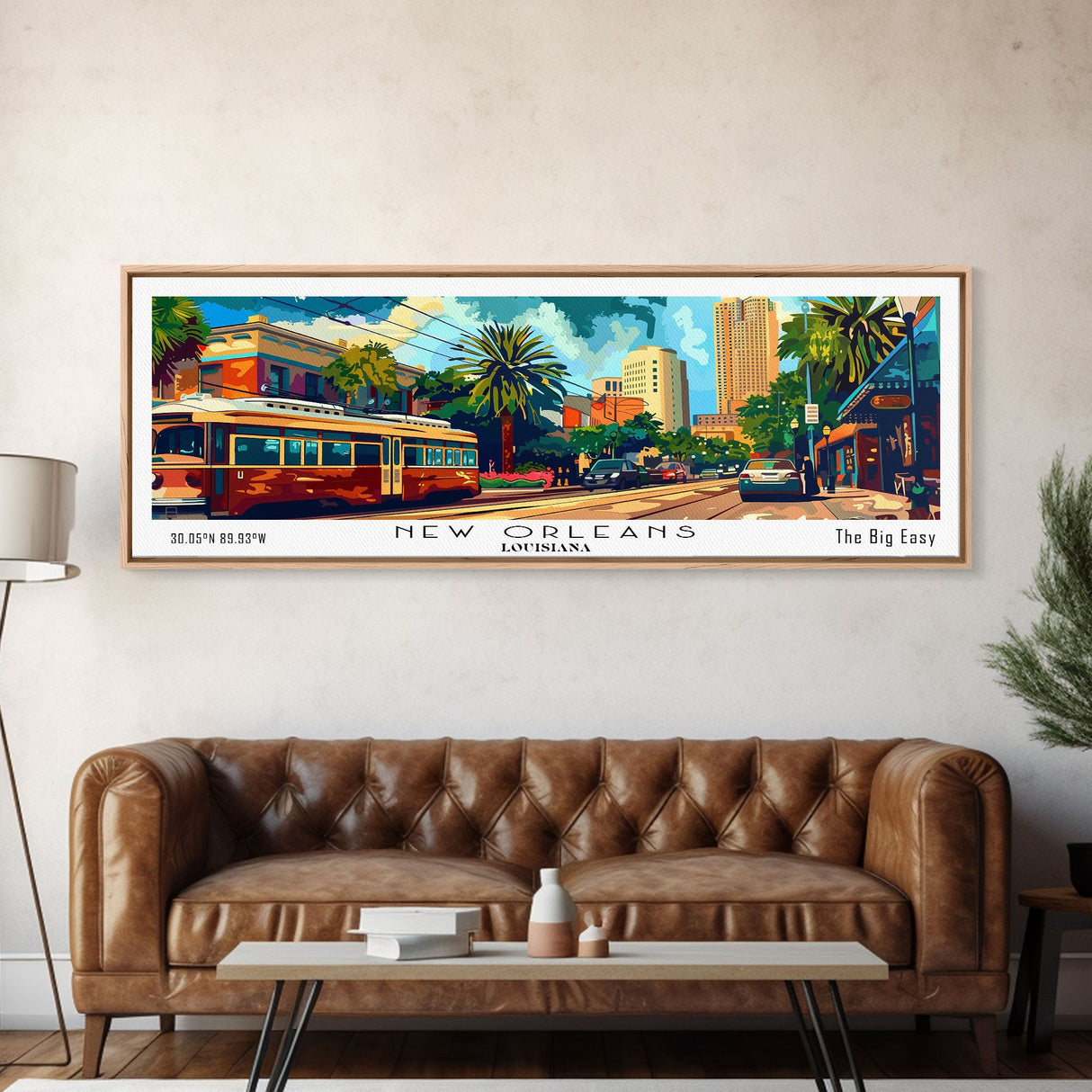 New Orleans Louisiana Panoramic Wall Art, Mid Century Modern Framed Canvas Print, Retro Pop Art Travel Poster, Home Decor