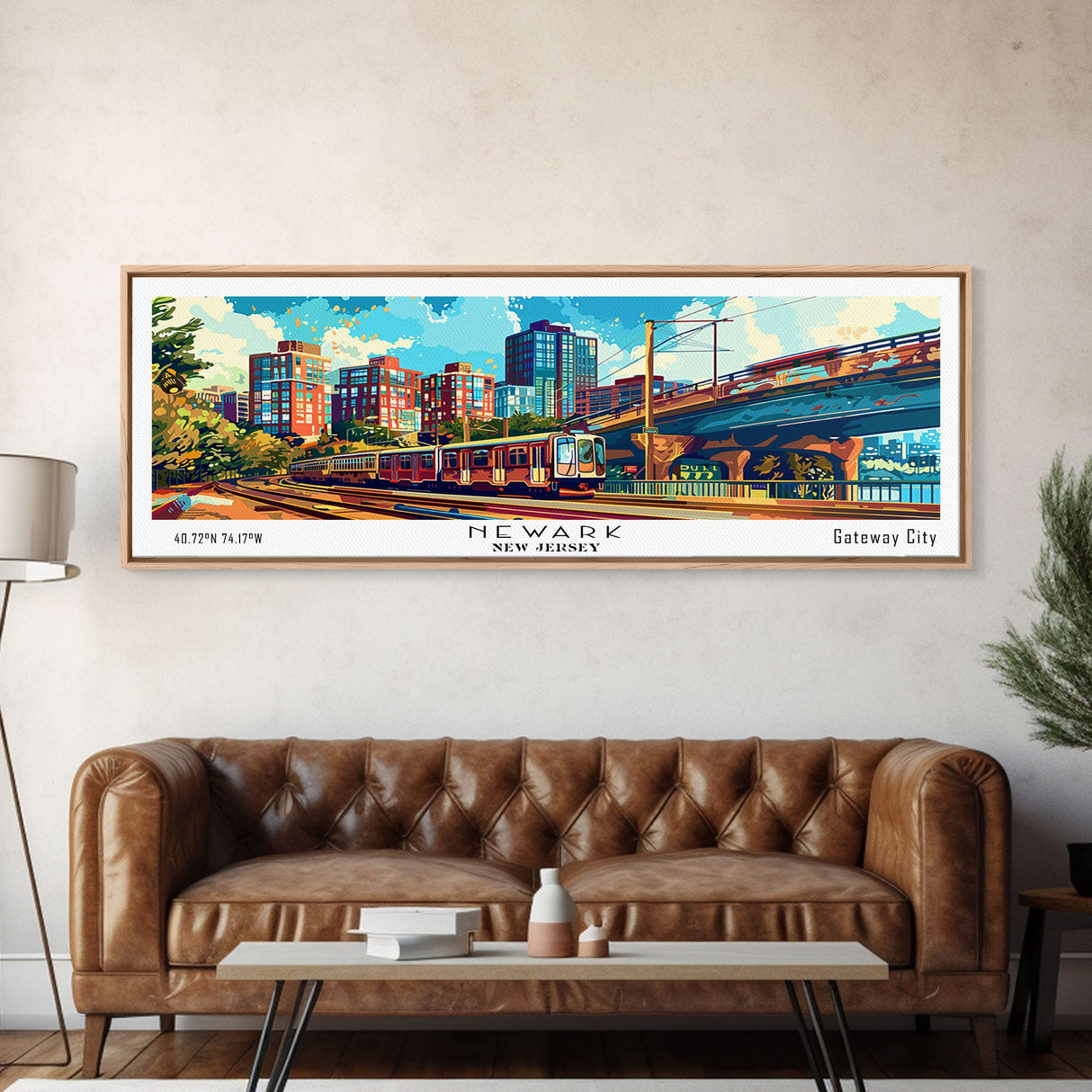 Newark New Jersey Panoramic Painting, Retro Style Framed Canvas Print, Mid Century Modern Wall Art, Pop Art Travel Poster