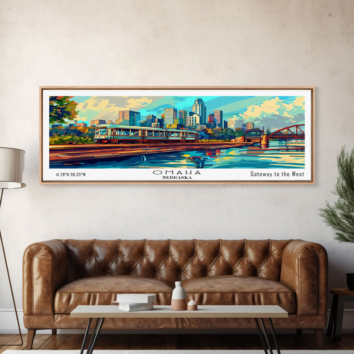 Omaha Nebraska Panoramic Framed Canvas Print, Mid Century Modern Pop Art, Retro Wall Art Decor, Travel Poster Painting