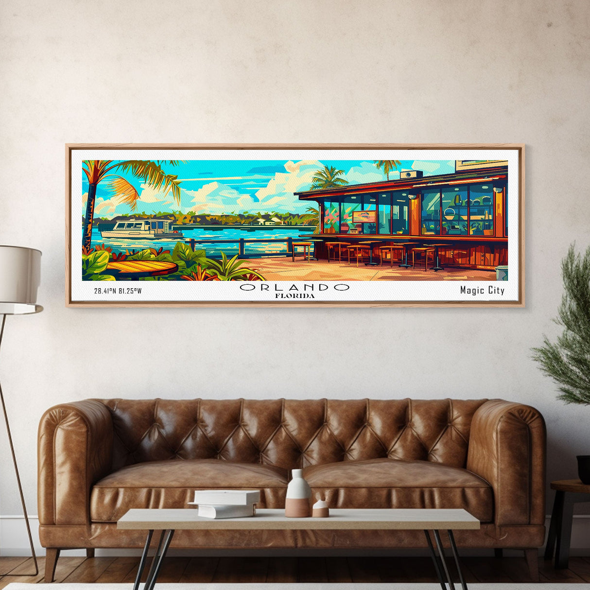 Orlando Florida Panoramic Wall Art, Mid Century Modern Framed Canvas Print, Retro Pop Art Travel Poster, Home Decor