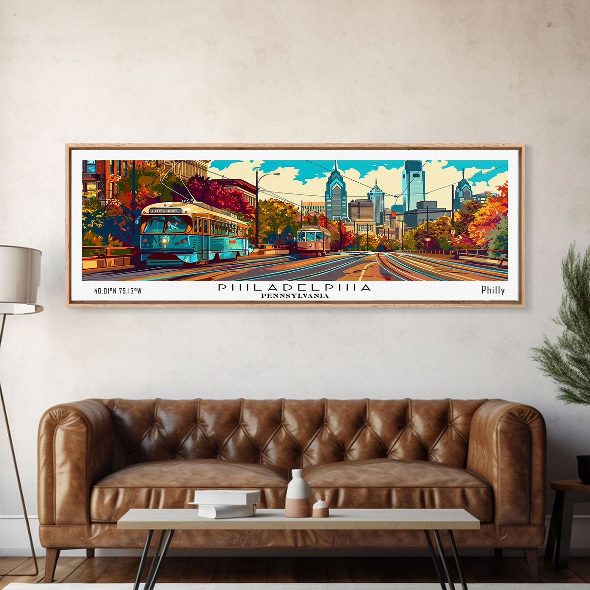 Philadelphia Pennsylvania Panoramic Painting, Retro Style Framed Canvas Print, Mid Century Modern Wall Art, Pop Art Travel Poster