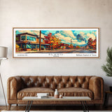 Plano Texas Panoramic Wall Art, Mid Century Modern Framed Canvas Print, Retro Pop Art Travel Poster, Home Decor