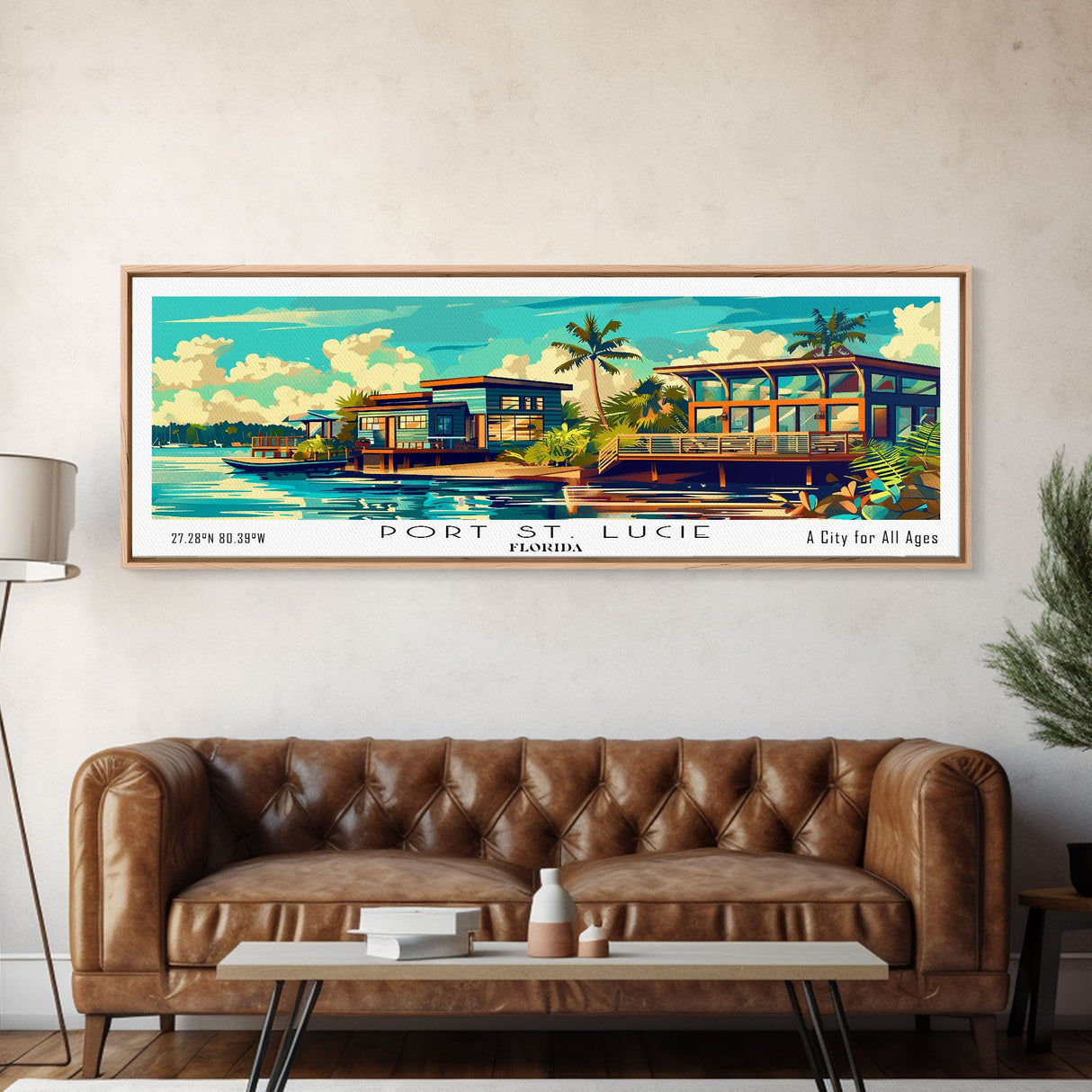 Port St. Lucie Florida Panoramic Framed Canvas Print, Retro Style Wall Art, Mid Century Modern Home Decor, Pop Art Travel Poster