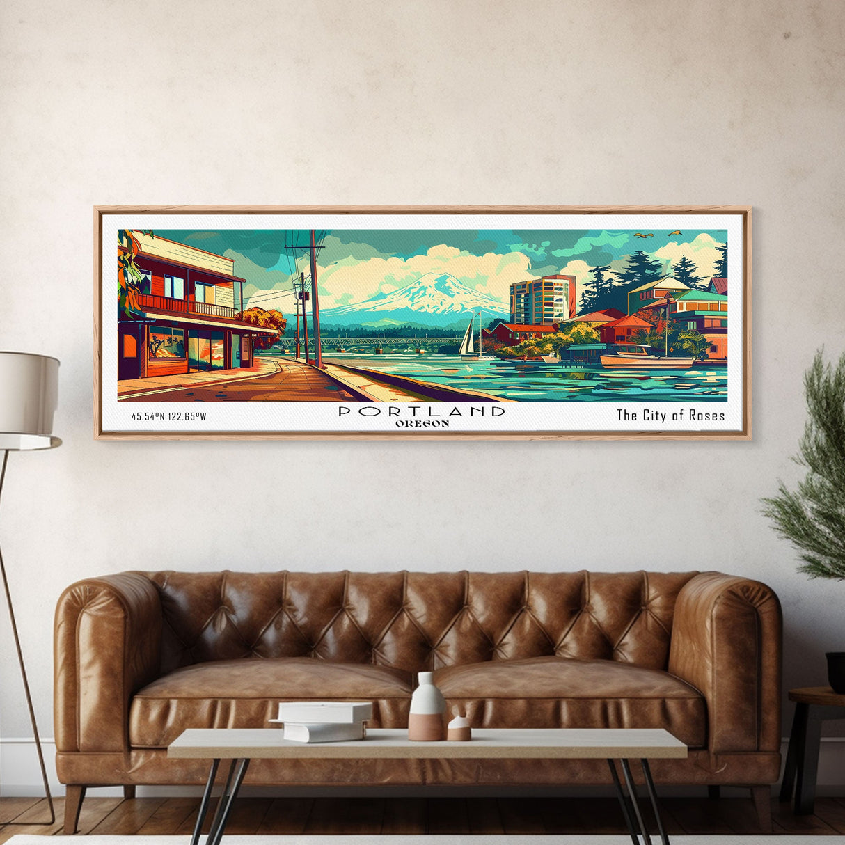 Portland Oregon Panoramic Painting, Mid Century Modern Framed Canvas Print, Retro Style Wall Art, Pop Art Travel Poster