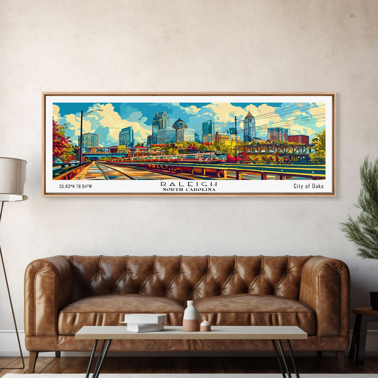 Raleigh North Carolina Panoramic Painting, Mid Century Modern Framed Canvas Print, Pop Art Wall Hanging, Retro Travel Poster