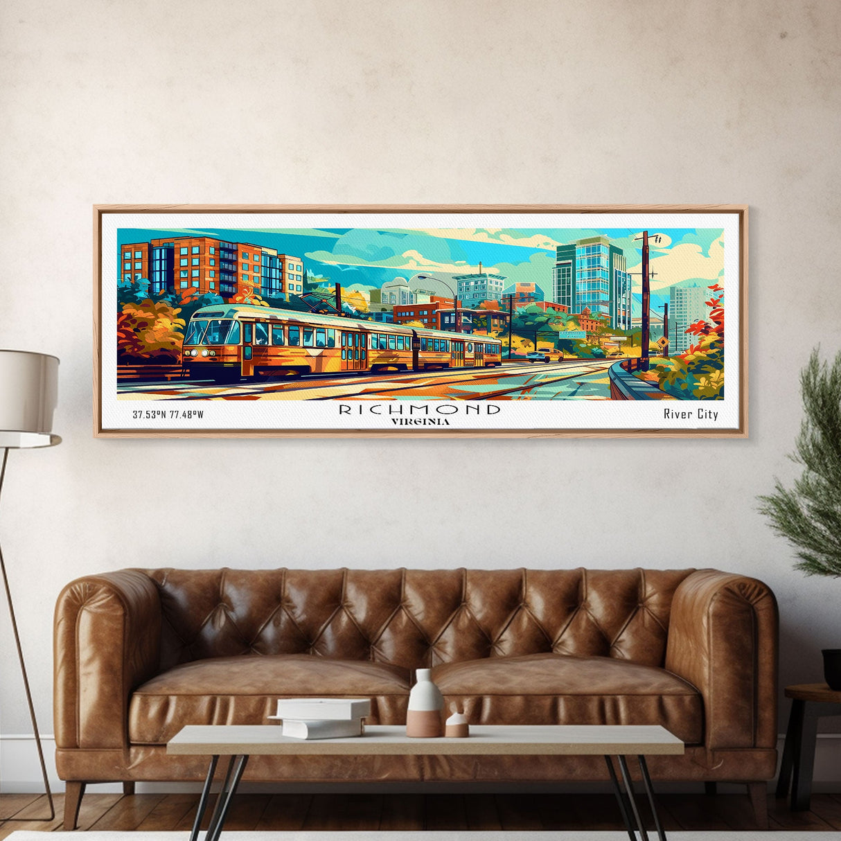 Richmond Virginia Panoramic Wall Art, Pop Art Framed Canvas Print, Mid Century Modern Home Decor, Retro Style Travel Poster