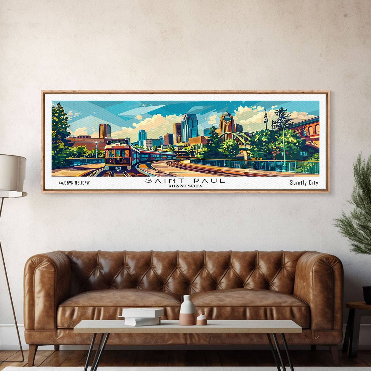 Saint Paul Minnesota Panoramic Framed Canvas Print, Mid Century Modern Pop Art, Retro Wall Art Decor, Travel Poster Painting