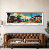 San Antonio Texas Panoramic Wall Art, Mid Century Modern Framed Canvas Print, Retro Pop Art Travel Poster, Home Decor