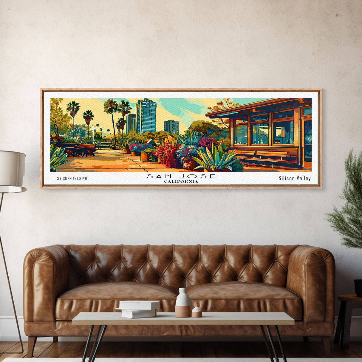 San Jose California Panoramic Wall Art, Mid Century Modern Framed Canvas Print, Retro Pop Art Travel Poster, Home Decor