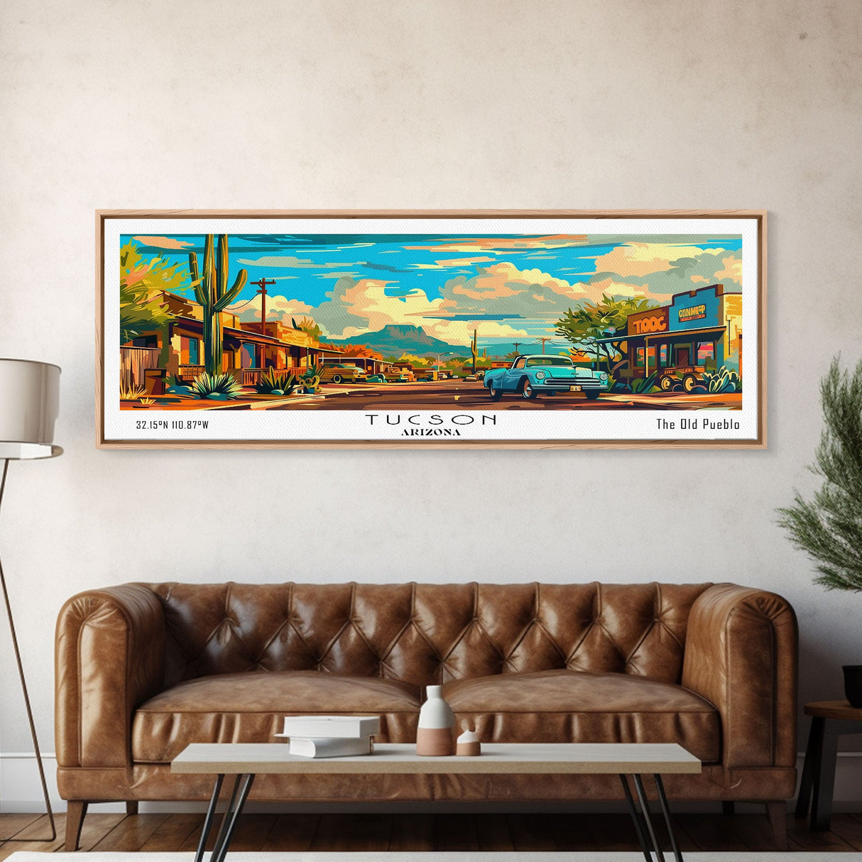 Tucson Arizona Panoramic Wall Art, Mid Century Modern Framed Canvas Print, Retro Pop Art Travel Poster, Office Wall Art, Living Room Decor