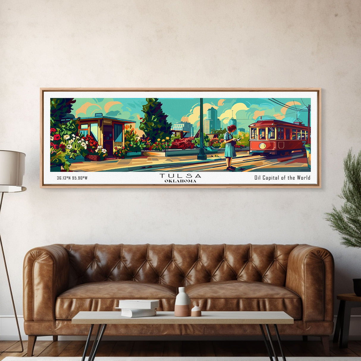 Tulsa Oklahoma Panoramic Painting, Mid Century Modern Framed Canvas Print, Retro Pop Art Travel Poster, Wall Decor, Gift Idea