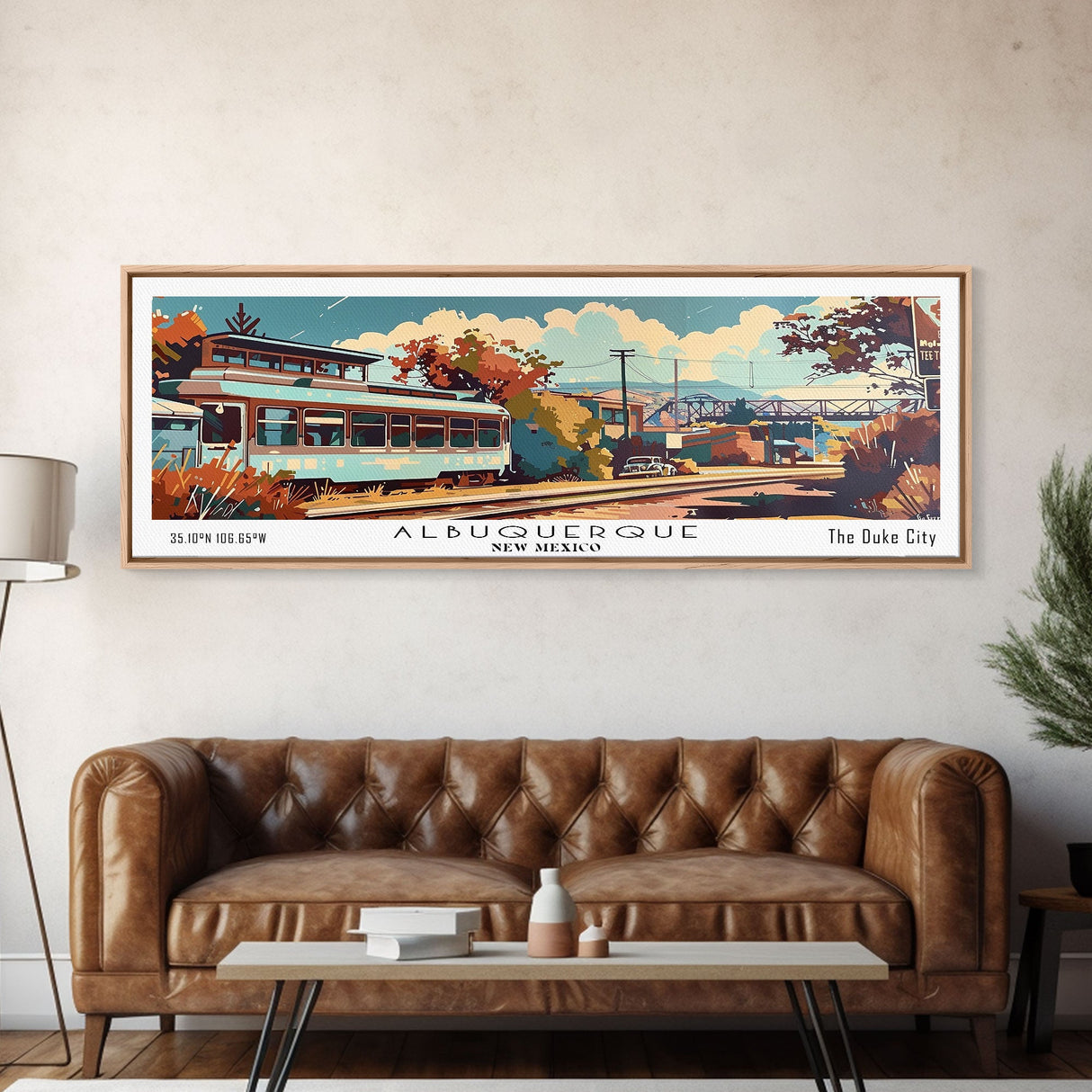 Albuquerque New Mexico Panoramic Painting, Mid Century Modern Framed Canvas Print, Retro Pop Art Travel Poster, Wall Decor, Office Art