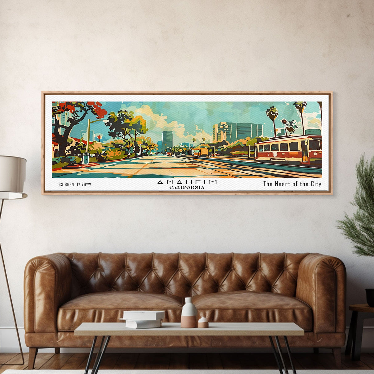 Anaheim California Panoramic Wall Art, Retro Pop Art Framed Canvas Print, Mid Century Modern Travel Poster, Living Room Decor, Wall Hanging